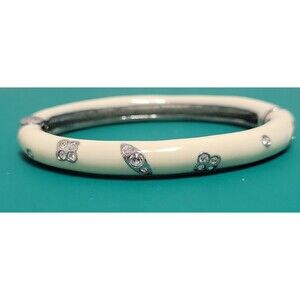 Vintage Ivory Enamel Silver Tone Thin Oval Rhinestone Clamper Bangle Bracelet